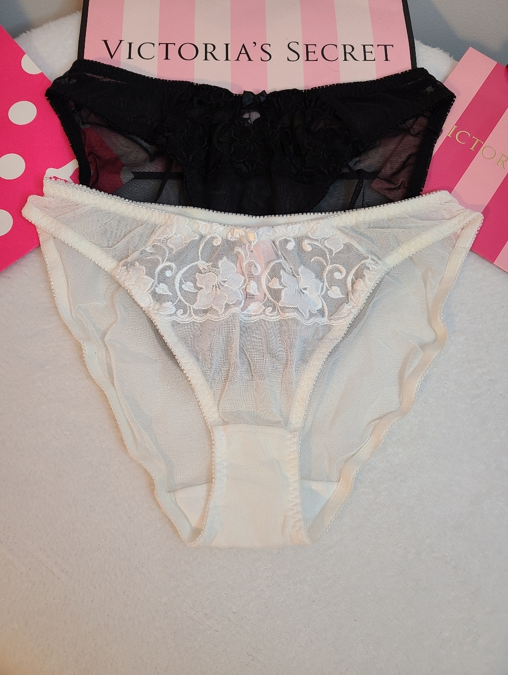 VTG Victoria's Secret 2pk Sheer Mesh Embroidered High Leg Bikini Panties Size Lg